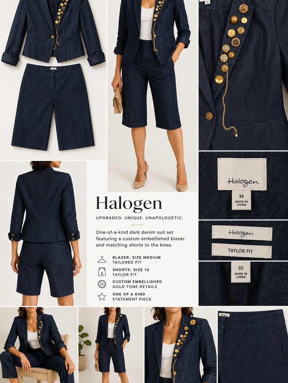Upcycled Halogen Denim Suit Set M 10 One Of A Kind Embellished Blazer / Shorts